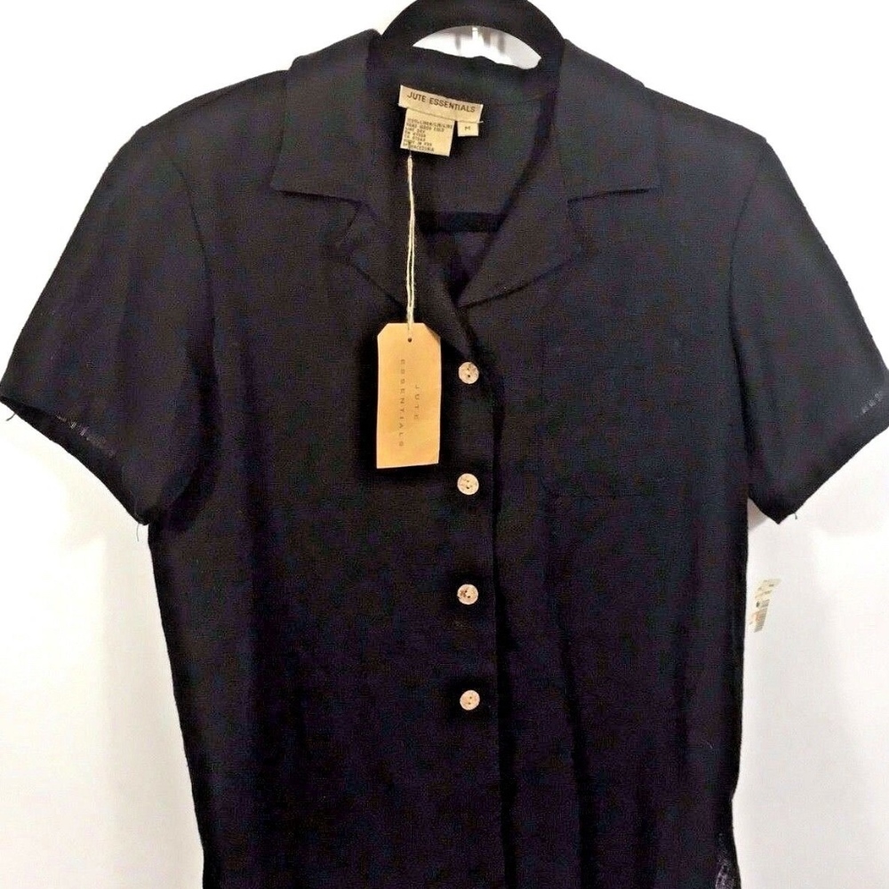 Vintage '80s Black 100% Linen Short Sleeve Button Up Career Blouse NWT - NOS